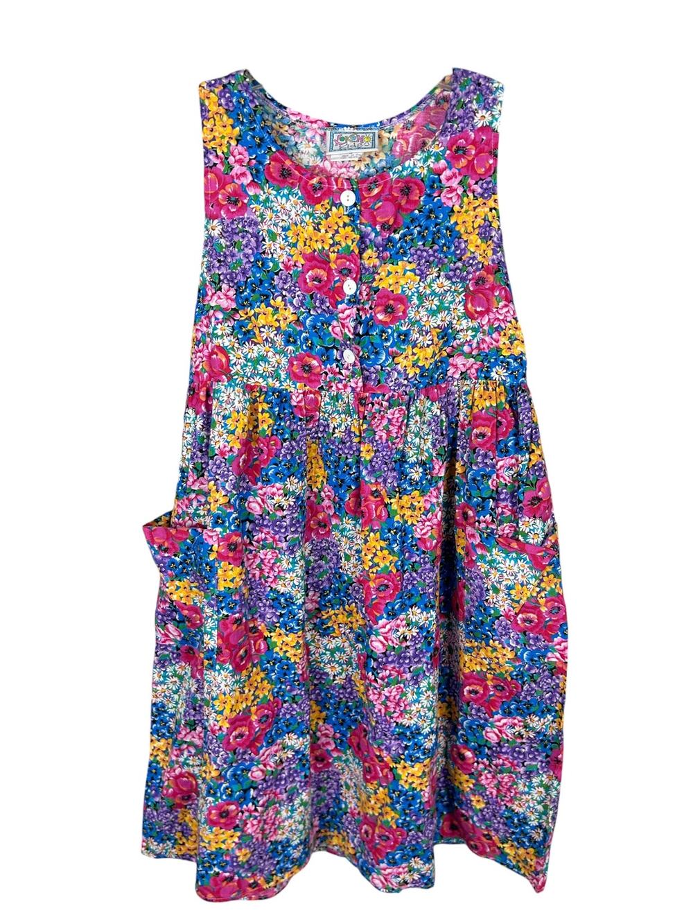 Vintage Kids Kokomo Multicolored Vibrant Floral Girls Smock Pocket Cotton Dress
